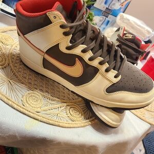 Nike Men's Brown and Cream Sneakers with Red Accents
